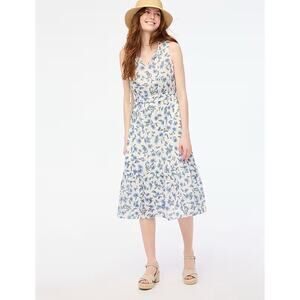 J. Crew Printed tie-front midi dress Ivory Sundfaded Blue Green Floral 14 New